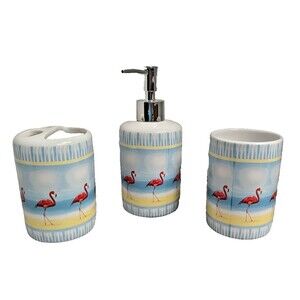 Flamingos On Beach Ceramic Bath Set Dispenser Toothbrush Holder Tumbler Gift NEW